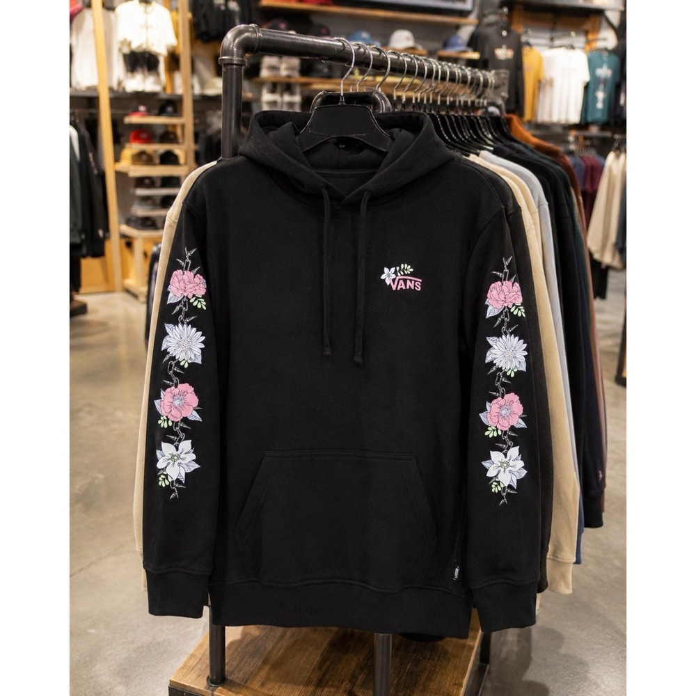 Vans Barbed Floral pink and white flowers Floral Sleeve Hoodie Black Pullover M - Picture 2 of 15